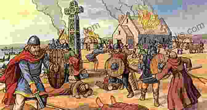 A Dramatic Depiction Of The Viking Raid On Iona, With Burning Buildings And Fleeing Monks The Saga Of The Iona Raid: Blod Rannsaka: The Viking Raid On Iona AD 792