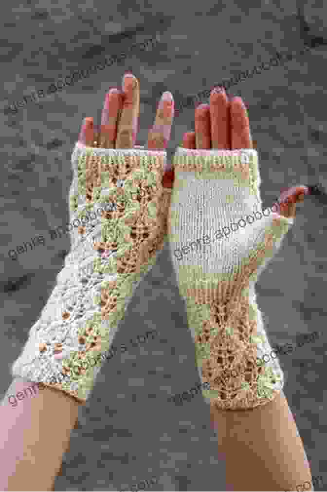 A Pair Of Exquisite Fingerless Gloves, Knitted In A Delicate Lace Pattern, Showcasing Intricate Details And Luxurious Warmth Knitting Pattern KP448 Ladies Fingerless Gloves