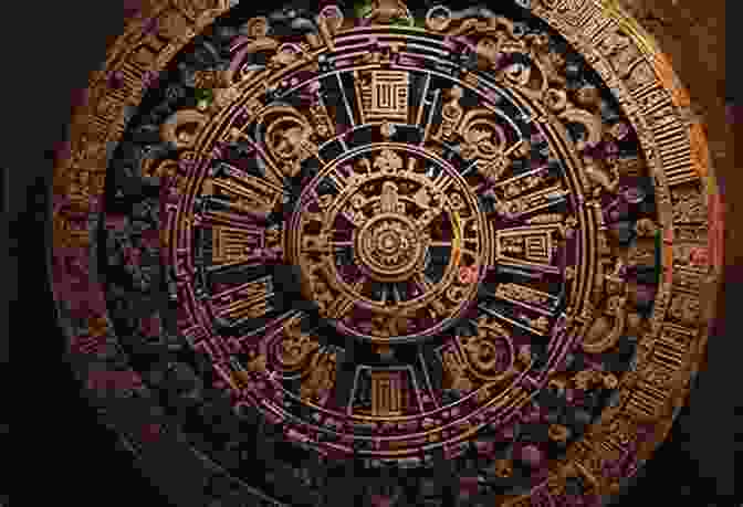 An Intricate Mayan Calendar Wheel, With Glyphs And Symbols Representing Celestial Bodies And Time Periods. Ancient Mayan Culture Unit Study